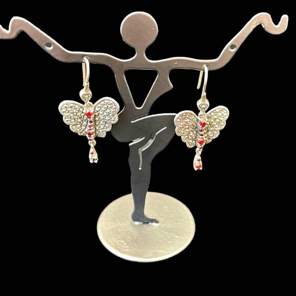 Sterling Silver Butterfly Red Rhinestone Drop Earrings Dangle - Picture 1 of 4